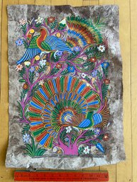 Colorful Birds Mexican Folk Art Painting On Tree Bark Paper Unsigned 16x24