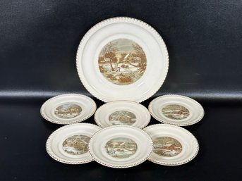 A Set Of Vintage Plates By Harkerware, Varied Currier & Ives Homestead Scenes