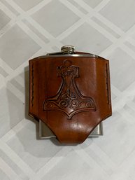 Flask In Custom Leather Pouch