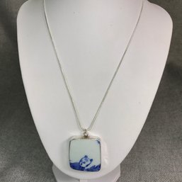 Beautiful Antique Chinese (1800s) Porcelain / Pottery Fragment Hand Encased In Sterling Silver With 28' Chain