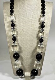 Vintage Black And Clear Plastic Beaded Necklace 26' Long