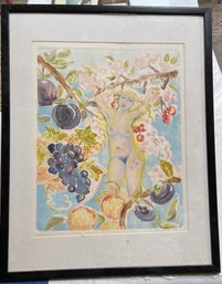 Original Watercolor Painting Nude Woman With Fruit Signed Cranswick 02 23x29 Matted Framed