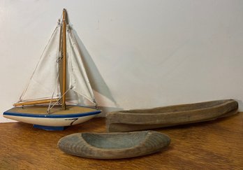 Three Vintage Toy Boats - Sailboat, Canoe & Boat Hull