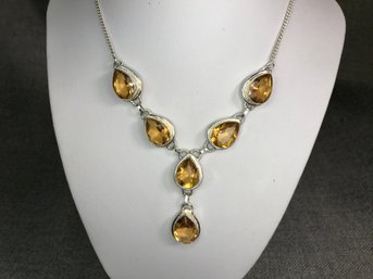 Very Pretty 925 / Sterling Silver Drop Pendant Toggle Necklace With Golden Topaz Necklace - Very Pretty !