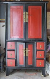 Red & Black Lacquered Asian Style Entertainment Cabinet W/Brass Fittings