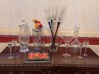 Eleven Piece Liquor Set - Glasses & Accessories W/ Decorative Drink Stirrers, Baseless Champagne Glasses, More