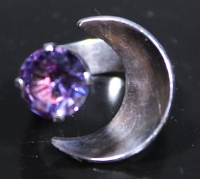 Vintage Mexican Sterling Silver Moon Bring W Purple Stone Signed Size 5