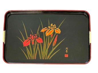 Vintage Black And Red Lacquer Tray With Wrapped Handles, Made In Japan