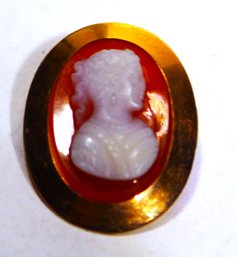 Fine 14K Gold Carved Stone Cameo Brooch Pin Victorian