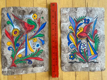 Pair Of Colorful Mexican Folk Art Paintings On Tree Bark Paper Unsigned 8x11