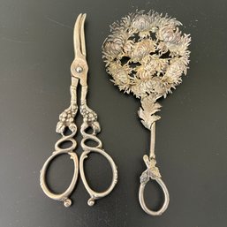 A Pairing Of Sterling Grape Shears And A Chrysanthemum Bonbon Server