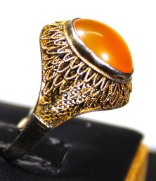 Very Fine Chinese Elaborate Ring Gold Over Sterling Silver W Cabochon Amber Stone Size 7