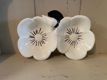 Mid Century B&W Ceramic Floral Bowl Double Bowl