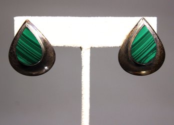 1980s Sterling Silver And Malachite Pierced Pear Shaped Earrings