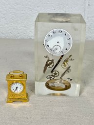 Clock Lovers 2pc Lot - Miniature Carriage Clock Made In England And Desk Top Acrylic Watch Piece Paperweight