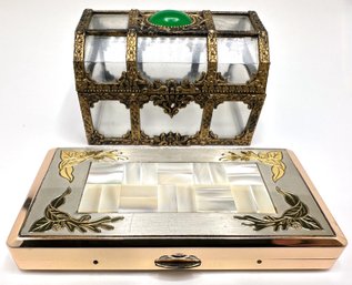 2 Small Vintage Jewelry Boxes: Gold-tone With Mother-of-Pearl Inlay Cover & Plastic With Green Stone