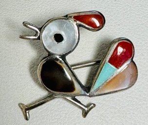 SMALL NATIVE AMERICAN ZUNI STERLING SILVER MULTI STONE BIRD BROOCH OR PENDANT