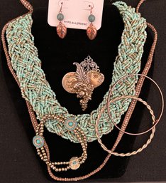 Vintage Jewelry Lot 13 - Green Beaded Woven Chocker - Chan Luu Necklace - Earrings - Gold Tone Bracelets - Pin