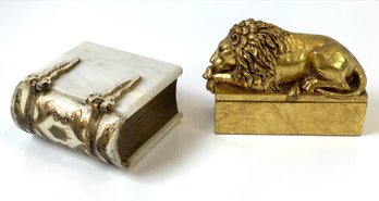 Marble Book Box & Carved Gilt Lion Box