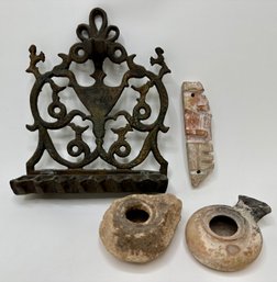 Antique Iron Algerian Chanukah Menorah, 2 Ancient Israeli Oil Lamps & Marble Mezuzah