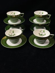 Limoges Trillium Forest Green With Gold Filigree Cups And Saucers