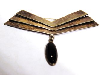 Large Sterling Silver Art Deco Style Brooch Chevron W Black Onyx Pendant