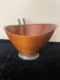 Gorham Mid Century Modern Wood Silver Foot Salad Bowl With Tongs