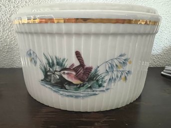 Royal Worcester Shape 46 Fluted Ramekin / Casserole Dish With Bird Design And Gold Trim