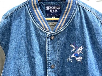 Guy Harvey 1990s Boast Denim Baseball Jacket With Fish Embroidery - XXL