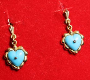 Boxed Vintage Gold Filled Heart Shaped Drop Earrings Having Turquoise
