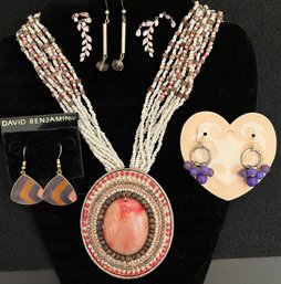 Vintage Jewelry Lot 14 - Beaded Large Medallion Necklace - Pierced Dangle Earrings - Purple Gold Tone - 925