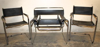 Group Of Three Chrome And Black Leather? Mid Century Arm Chairs