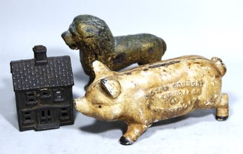 Lot Three Antique Cast Iron Still Banks Foundry Pig, Lion And Building
