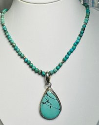 STERLING SILVER TURQUOISE BEAD NECKLACE WITH TURQUOISE DROP PENDANT