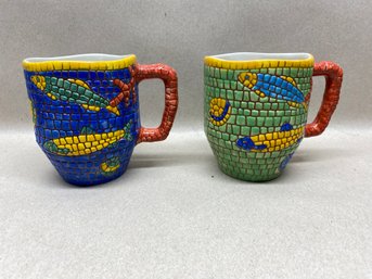Pair Of Vietri Coffee Mugs With Fish. Tile Surface. Made In Italy.
