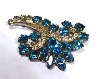 Fine Costume Rhinestone Floral Spray Brooch Aqua Blue & White Stones