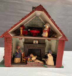 Red Wood Doll House 21.5x9.5x21.5 Corn Husk Dolls