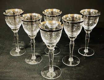 Six Vintage Pasabahce Crystal Wine Glasses With Silver Band- Made In Turkey