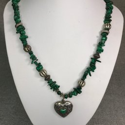 Fabulous Vintage Sterling Silver & Malachite Flat Bead Necklace With Sterling Heart Locket - Very Pretty Piece