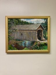 Oil Painting Of Covered Bridge Signed Cecilia Peterson