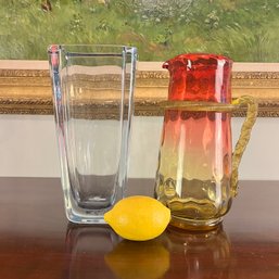 A Swedish Crystal Vase And A Hand Blown Pitcher