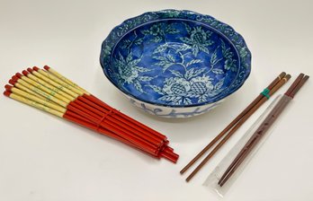 Miya Japanese Porcelain Bowl & New Chopsticks