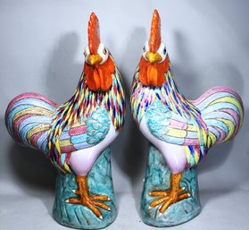 Pair Large Antique Chinese Enameled Rooster Mantle Figures 19th Century