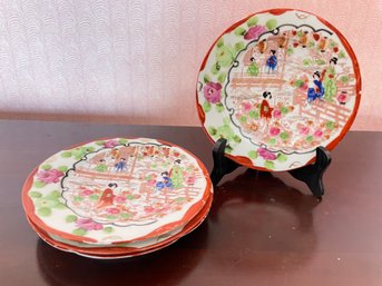 Vintage Japan Geisha Girls In Kimonos Scalloped Plates Hand Painted Set Of 4