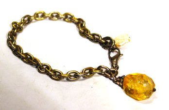 Very Heavy Sterling Silver Link Bracelet Having Citrine Crystal Charm W Genuine Pearl