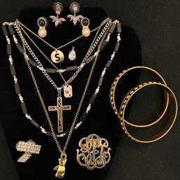 Vintage Jewelry Lot 15 - Gold Silver Tone Black White - Faux Diamond - Cross - Necklaces - Bracelet - Earrings
