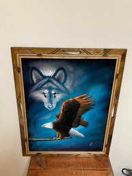 Vtg Painting Of An Eagle And Wolf On Velvet