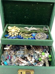 Vintage Green Jewelry Box Filled W/ Costume Jewelry
