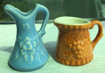 2 Miniature Mini Blue & Orange Slip Glaze USA Pottery Pitcher / Creamers