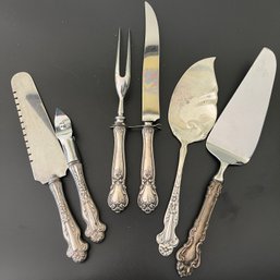 A Group Of 6 Sterling Silver Serving Pieces Including A Matching Small Carving Set